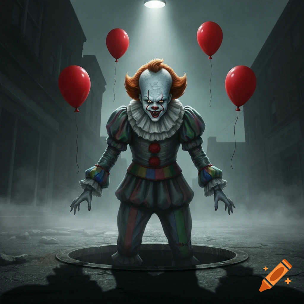 Pennywise the clown emerges from a manhole on a dark street, surrounded by red balloons under a street light, in a horror illustration.