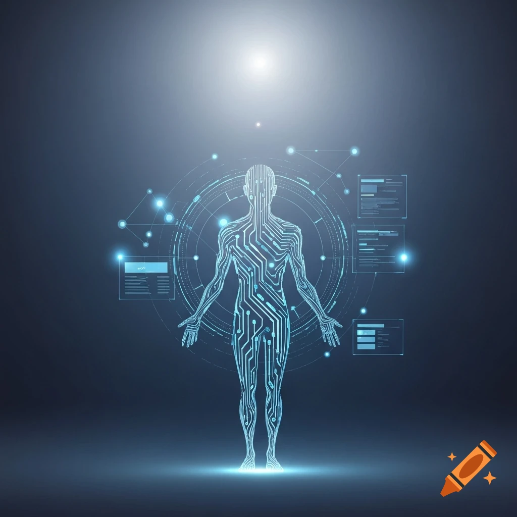 Digital illustration of a human figure outlined with circuit board patterns, surrounded by glowing data interfaces and abstract graphs on a dark background.