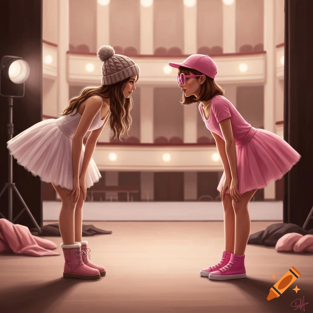 Two illustrated ballerinas in pink tutus, one with a knit hat and pink boots, the other with a baseball cap and pink sneakers, bowing to each other on a stage.