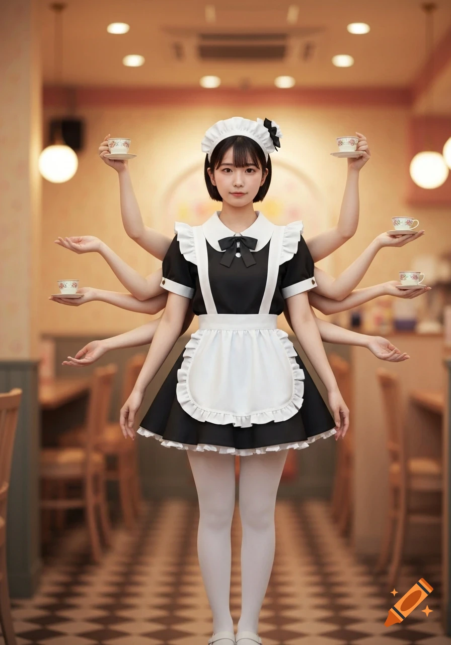 A young Japanese woman in a black and white maid uniform with many arms, holding teacups, stands in a cafe in a photorealistic style.