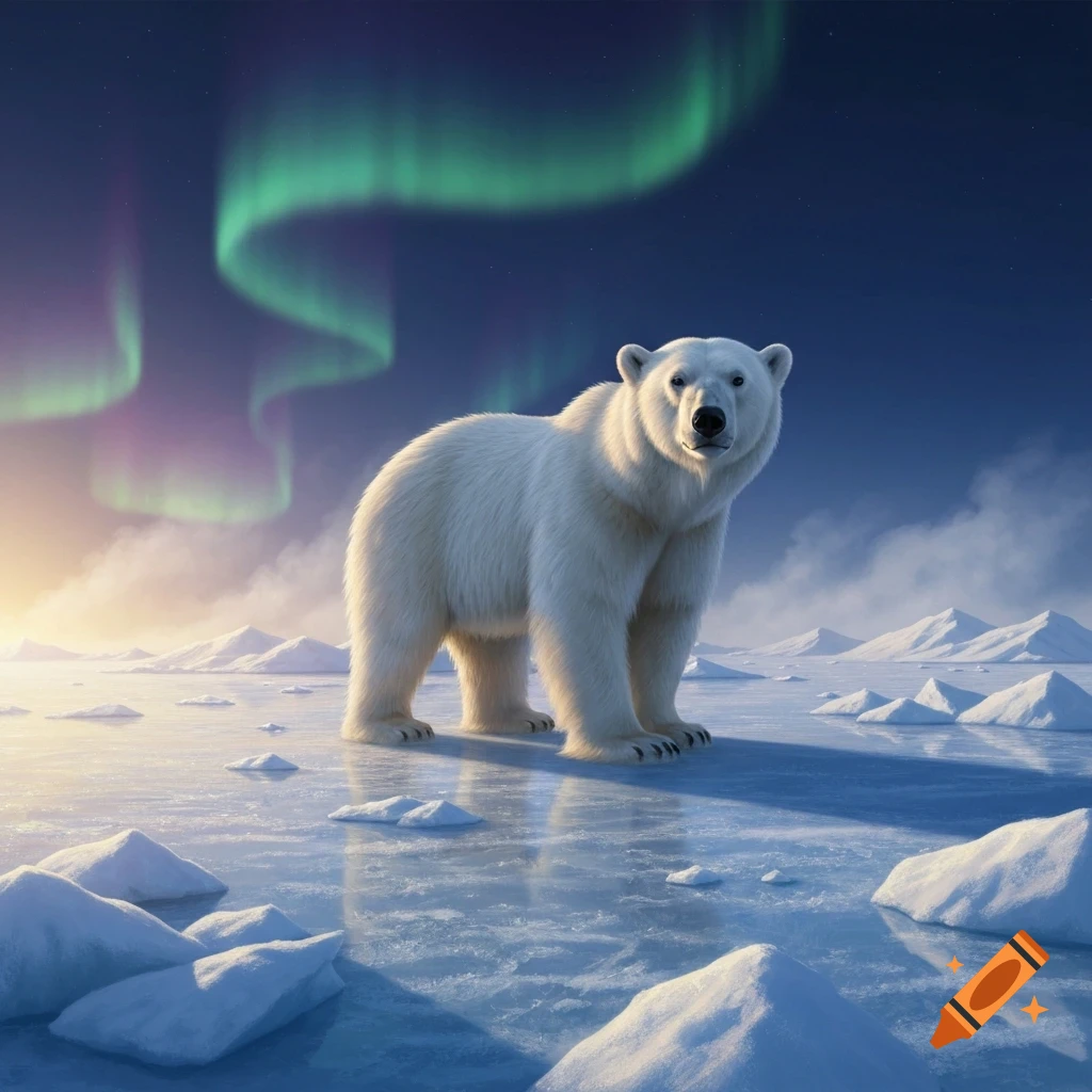 A majestic polar bear stands on a frozen ice field under a starry night sky with a vibrant green aurora borealis.