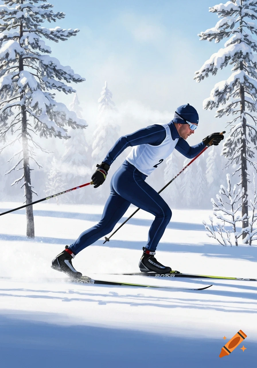 A male cross-country skier in a blue and white race suit pushes with poles through a snowy forest on a bright winter day. The skier wears a bib with the number 2 and blue goggles.
