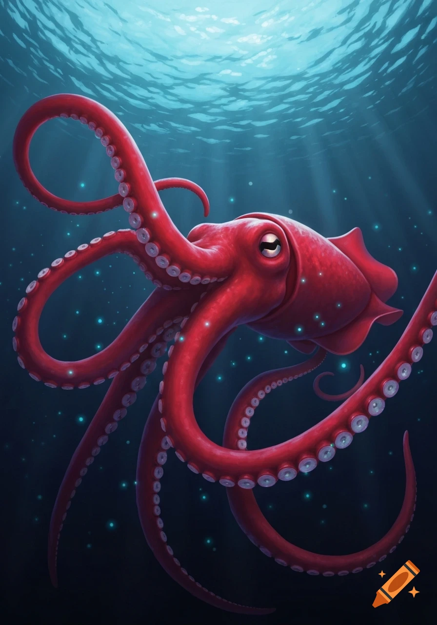 Vibrant red octopus swimming gracefully in deep blue ocean water, illuminated by sunrays from above, with small glowing particles.