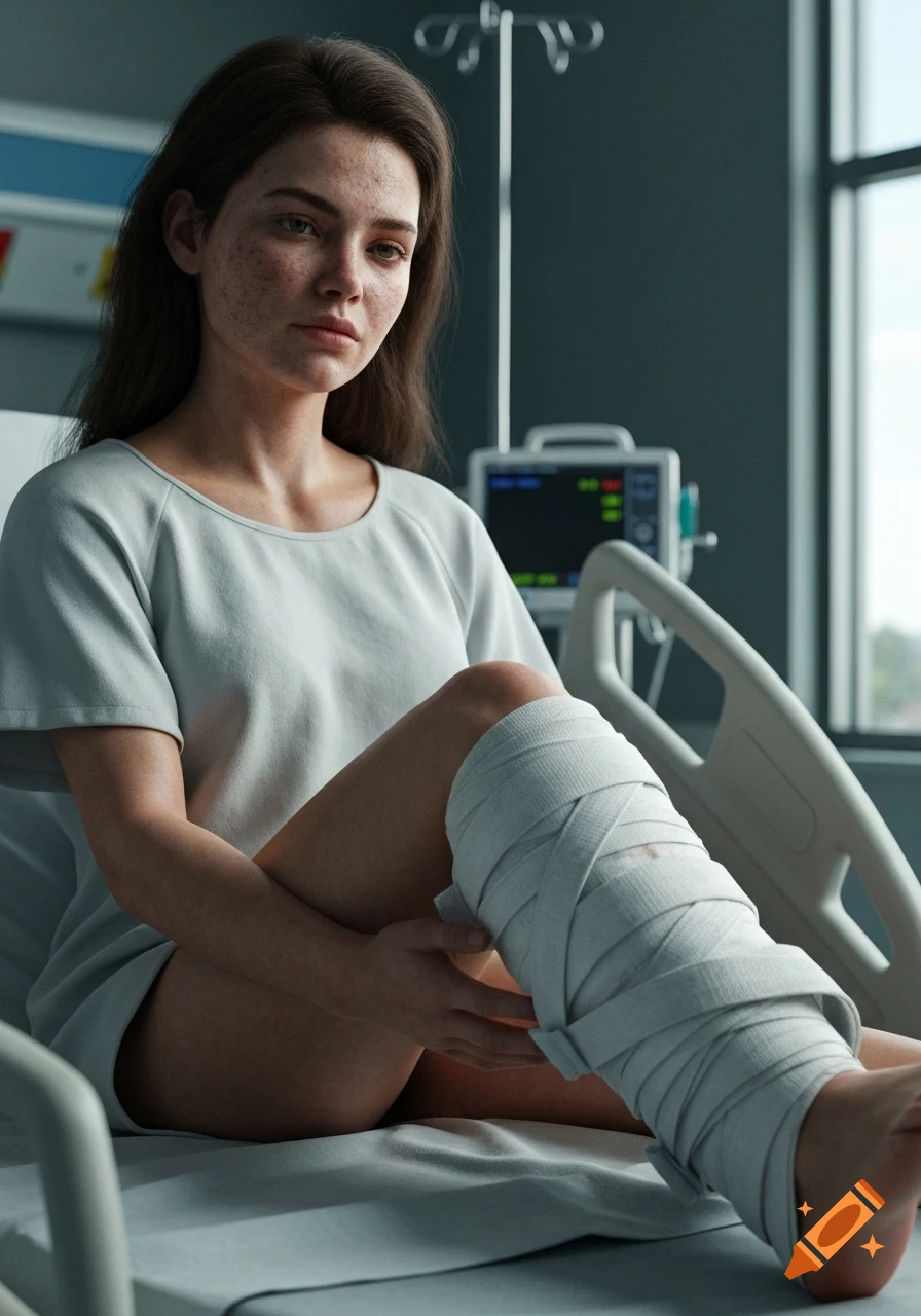 A young woman in a hospital gown sits on a bed with a bandaged leg, looking pensive in a realistic hospital setting.