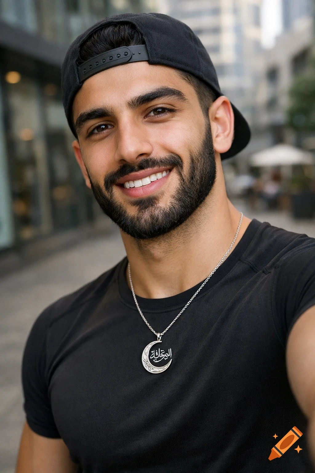 A confident Middle Eastern man in a black cap and shirt smiles, wearing a silver crescent necklace with Arabic calligraphy. Photorealistic selfie.