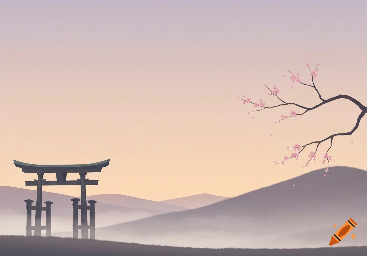 Minimalist Japanese landscape featuring a torii gate, hazy mountains, and a cherry blossom branch under a serene gradient sky.