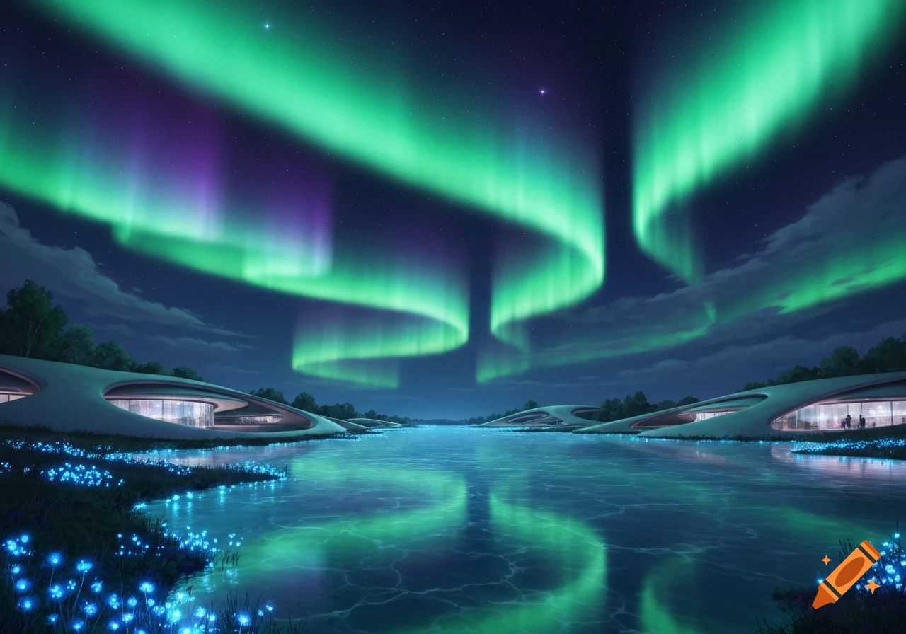 A vibrant green and purple aurora borealis illuminates a futuristic lakeside landscape with sleek buildings and glowing blue flora under a starry night sky.