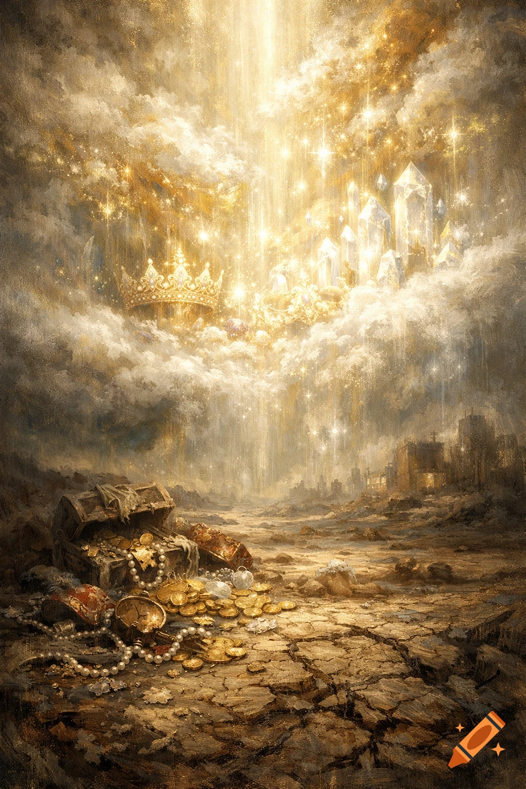 A glowing golden crown and crystal formations float in a cloud-filled, light-filled sky above a barren, cracked earth with an open treasure chest spilling gold coins and pearls; a distant city is visible.