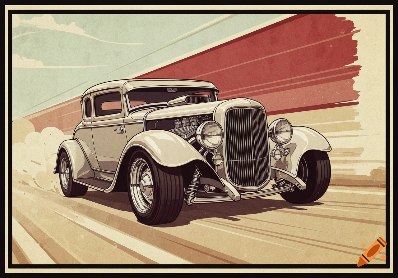 A vintage poster style illustration of a 1930s Ford hot rod with a supercharger, speeding on a striped background.