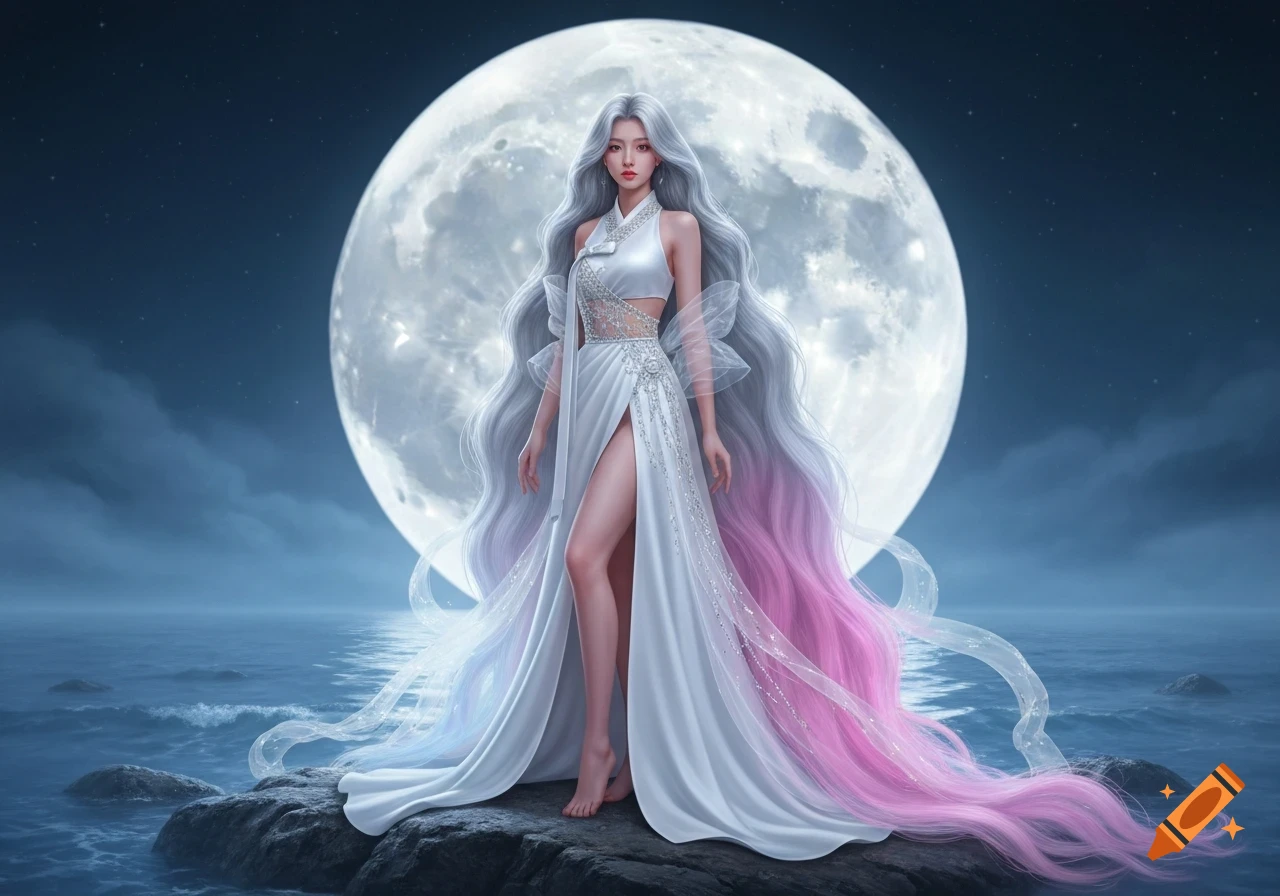 A goddess with long silver and pink hair in an ethereal white dress stands on a rock in a misty sea under a full moon.