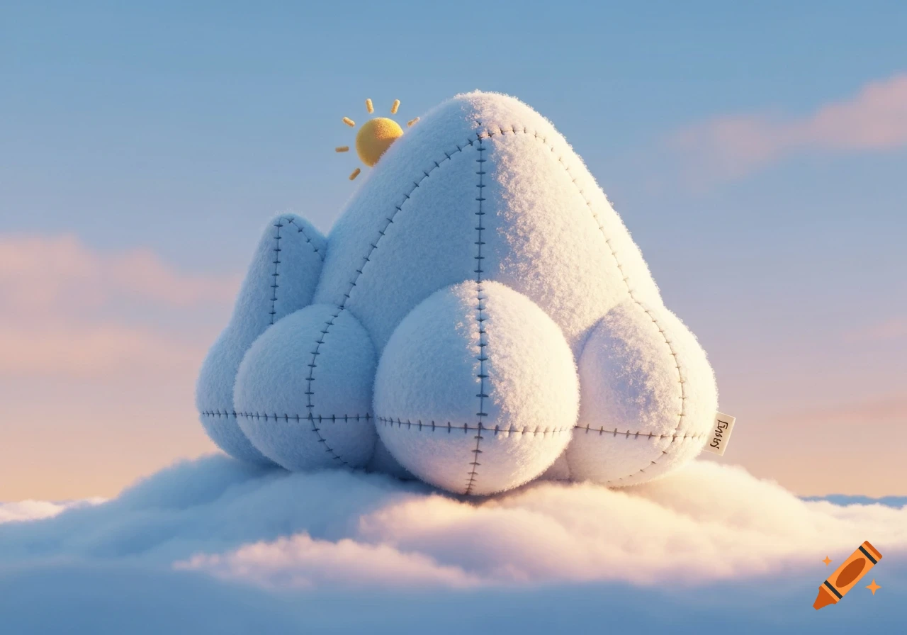 A whimsical, stitched white plushie iceberg rests on fluffy clouds, with a small yellow sun peaking from behind it against a blue sky.