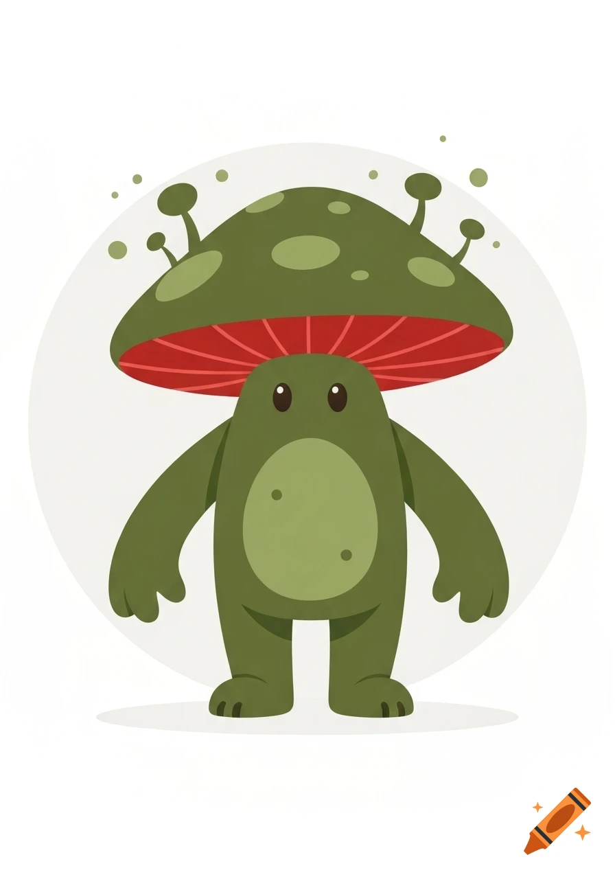A cartoon illustration of a green mushroom monster with a red-gilled, green-spotted cap.