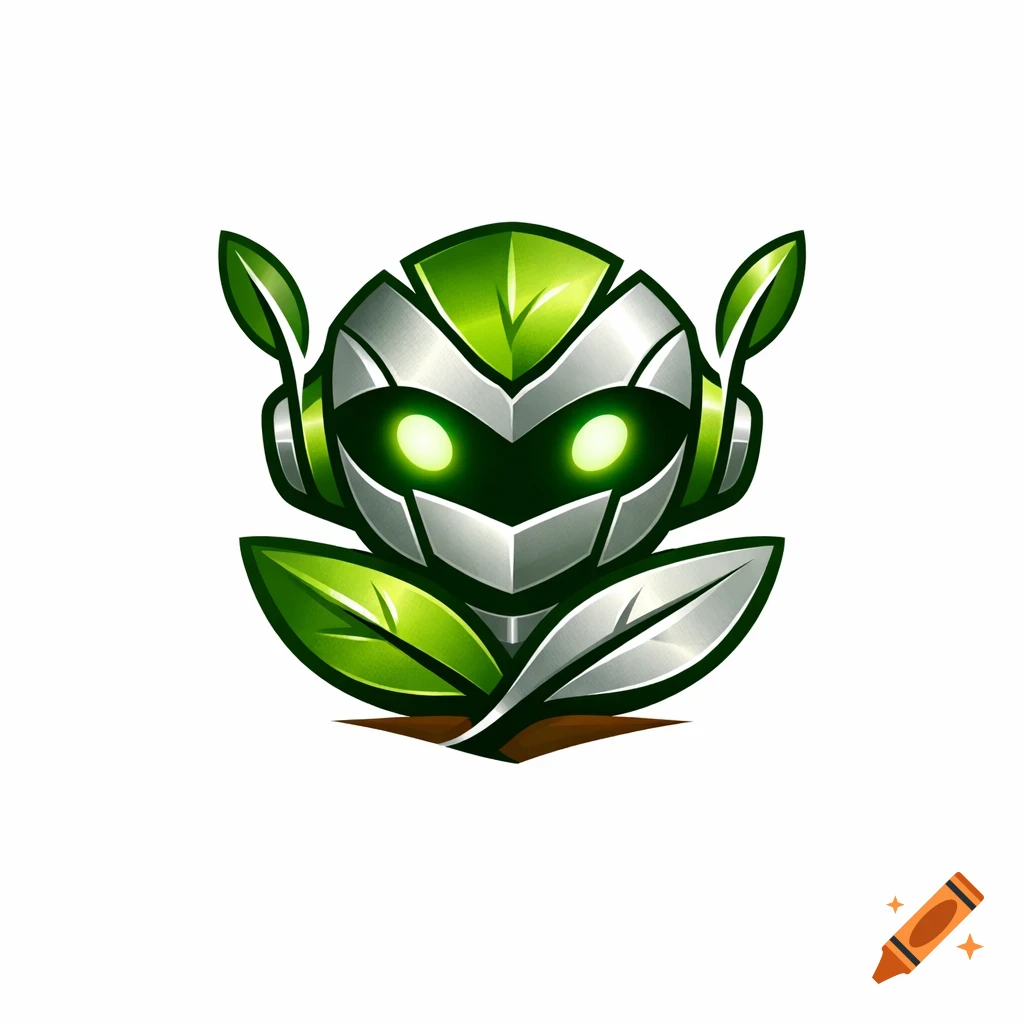 A stylized green and silver robot logo with glowing green eyes, surrounded by green and silver leaves.