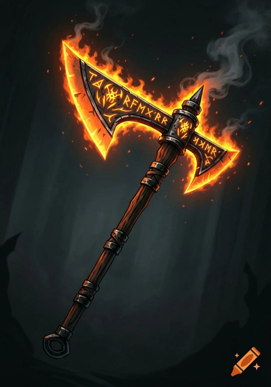 A stylized greataxe with glowing orange flame blades, etched with runes, set against a dark background in a Darkest Dungeon art style.