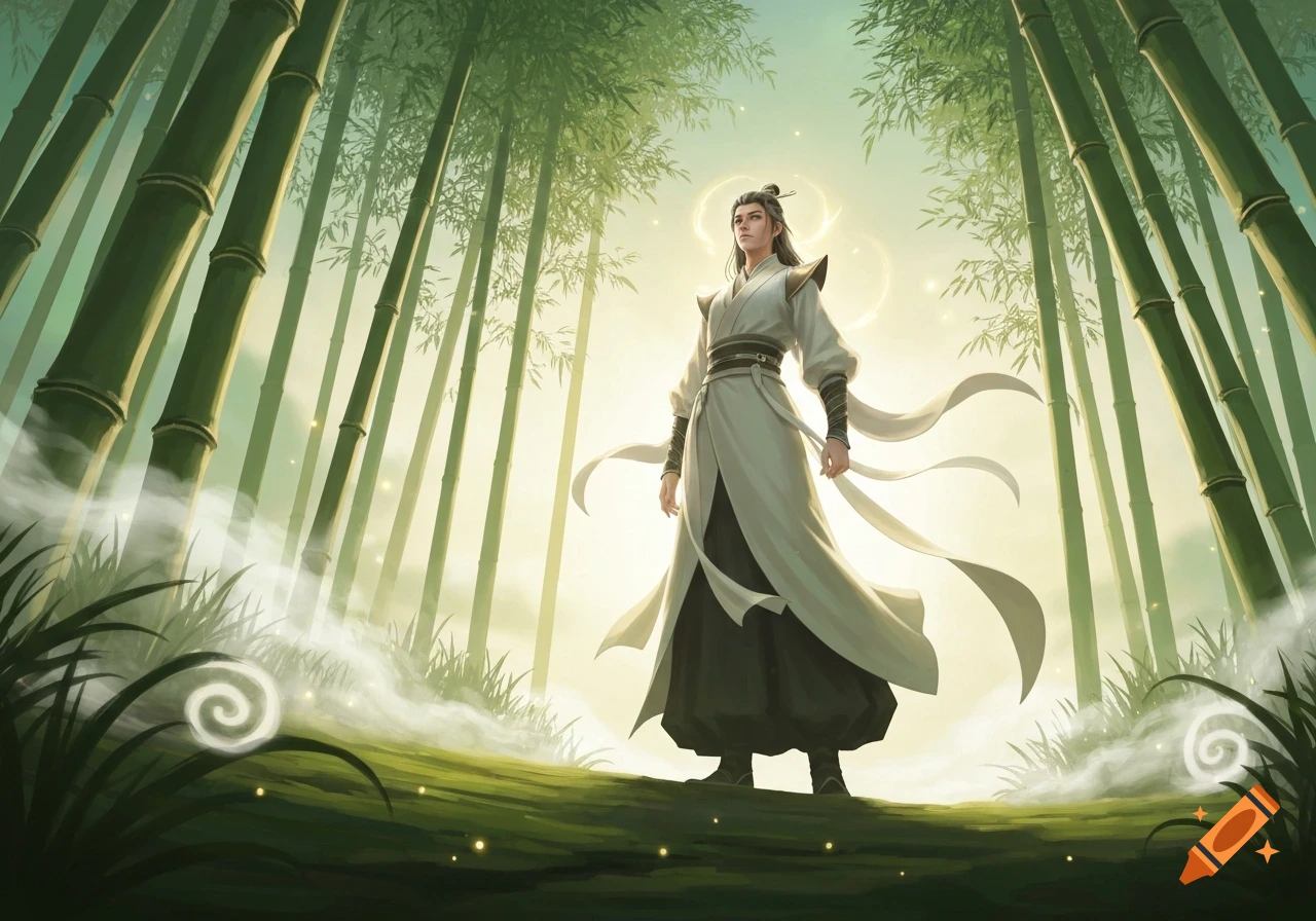 A serene figure in white robes stands heroically amidst a mystical bamboo forest with glowing light and wisps of fog.