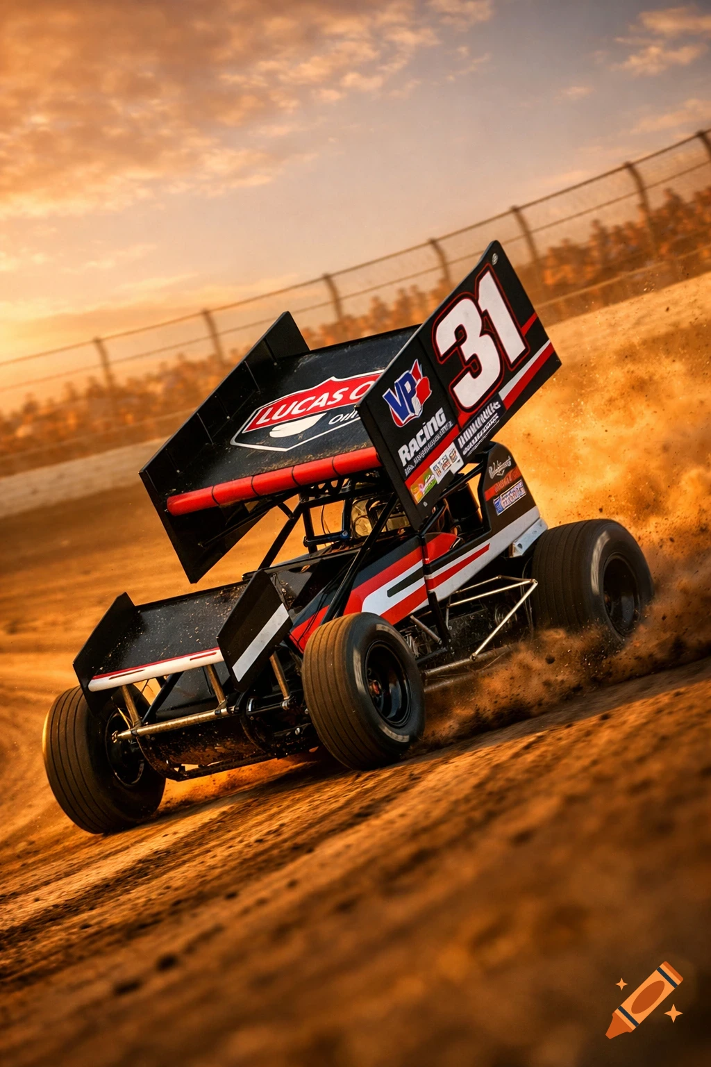 A photorealistic, low-angle shot of a black, red, and white sprint race car with number 31 on a dirt track, kicking up dust at sunset.