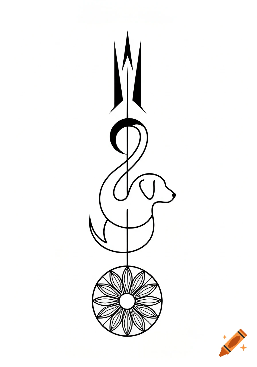 Minimalistic black-ink tattoo design with a vertical stack of abstract geometric shapes, a stylized dog, and a mandala on a white background.