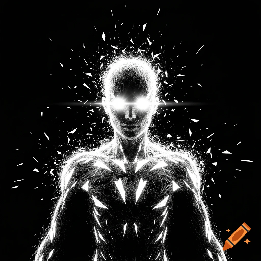 An abstract, glowing white human-like figure with bright eyes, made of radiating fragments against a black background.