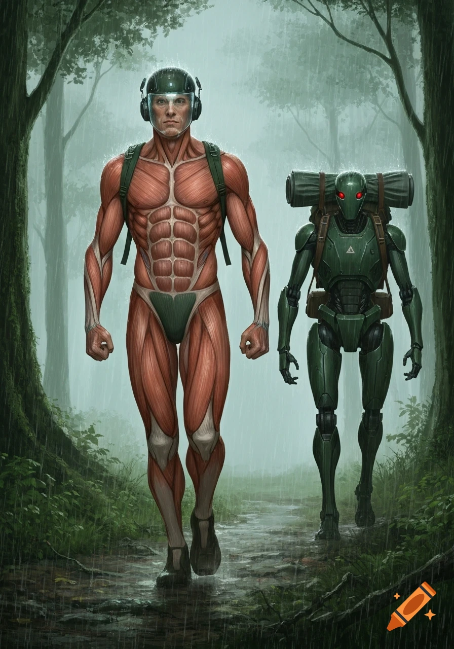 A man in a muscle-exoskeleton suit and a green robot with a backpack hike on a rainy forest path.