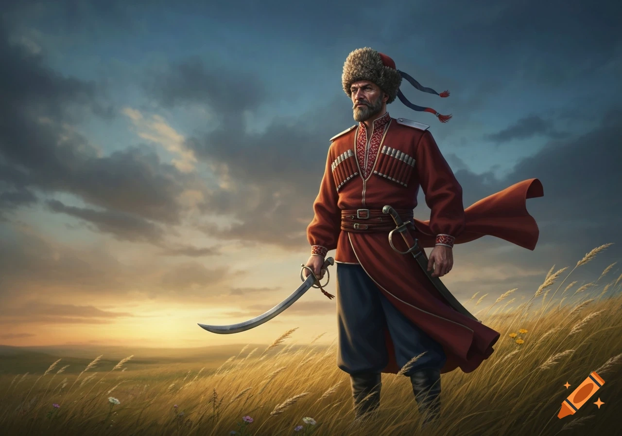 A determined Ukrainian Cossack in traditional red attire and fur hat, holding a saber in a golden field at sunset.