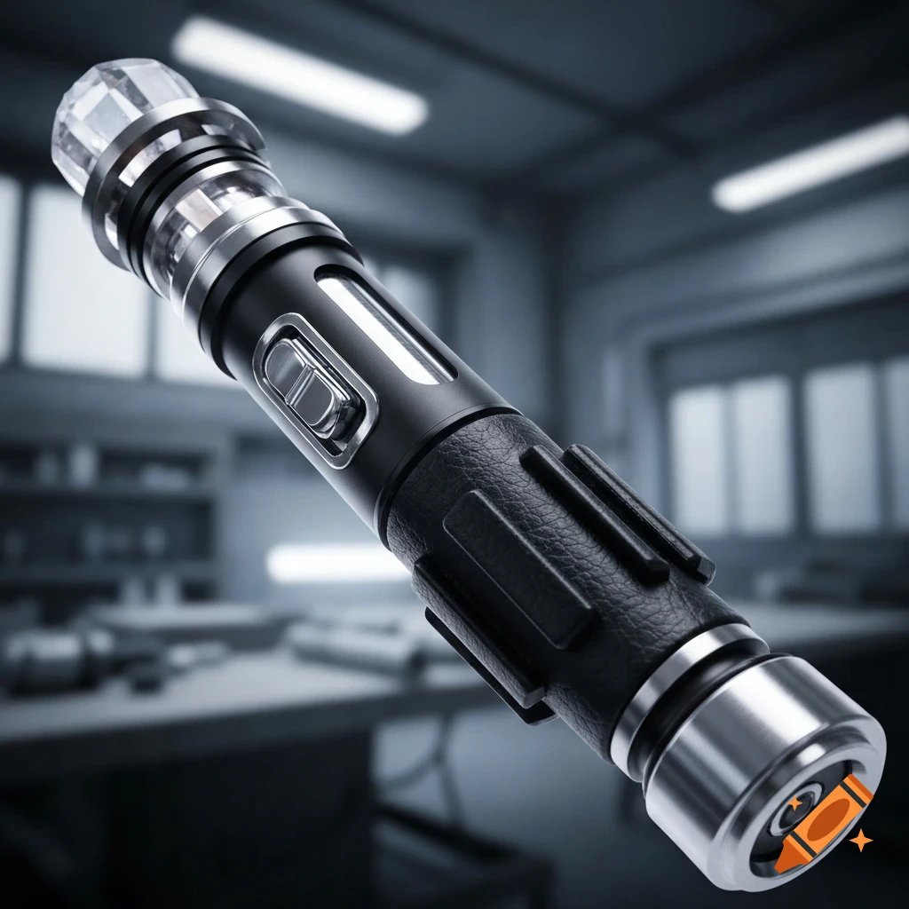 Close-up of a black and silver lightsaber with a clear crystal emitter and textured leather grip, in a blurred workshop.