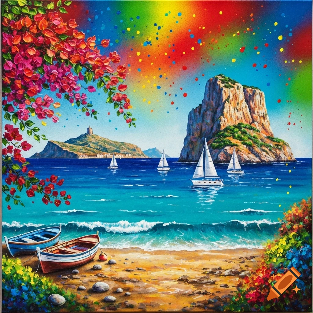 A vibrant, colorful painting depicting a Mediterranean seascape with a sandy beach, two rustic boats, and waves in the foreground. In the mid-ground, white sailboats glide on turquoise water with two large rocky islands. Red bougainvillea drapes from the top left, and the sky is filled with a rainbow of colorful spray paint splatters.