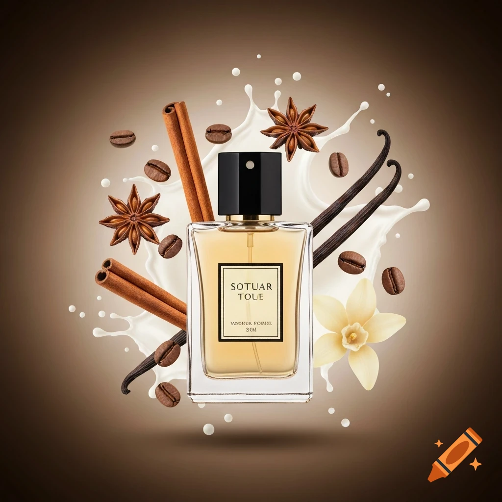 A luxury perfume bottle floats amidst cinnamon sticks, star anise, vanilla pods, coffee beans, and milk splashes on a warm mocha background.