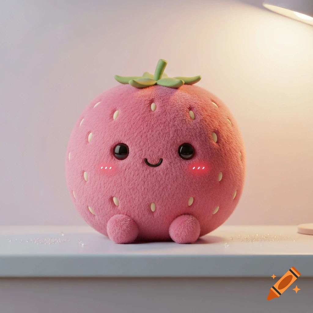 A cute, fluffy pink strawberry plush toy with big black eyes, rosy cheeks, and a small smile, sitting on a white surface.