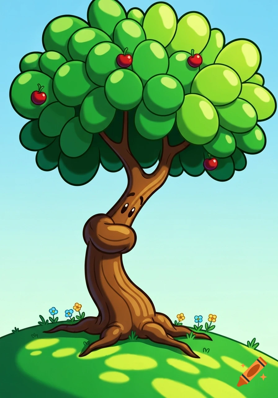 A vibrant cartoon apple tree with a face on its knotted trunk stands on a green hill with small flowers under a clear blue sky.