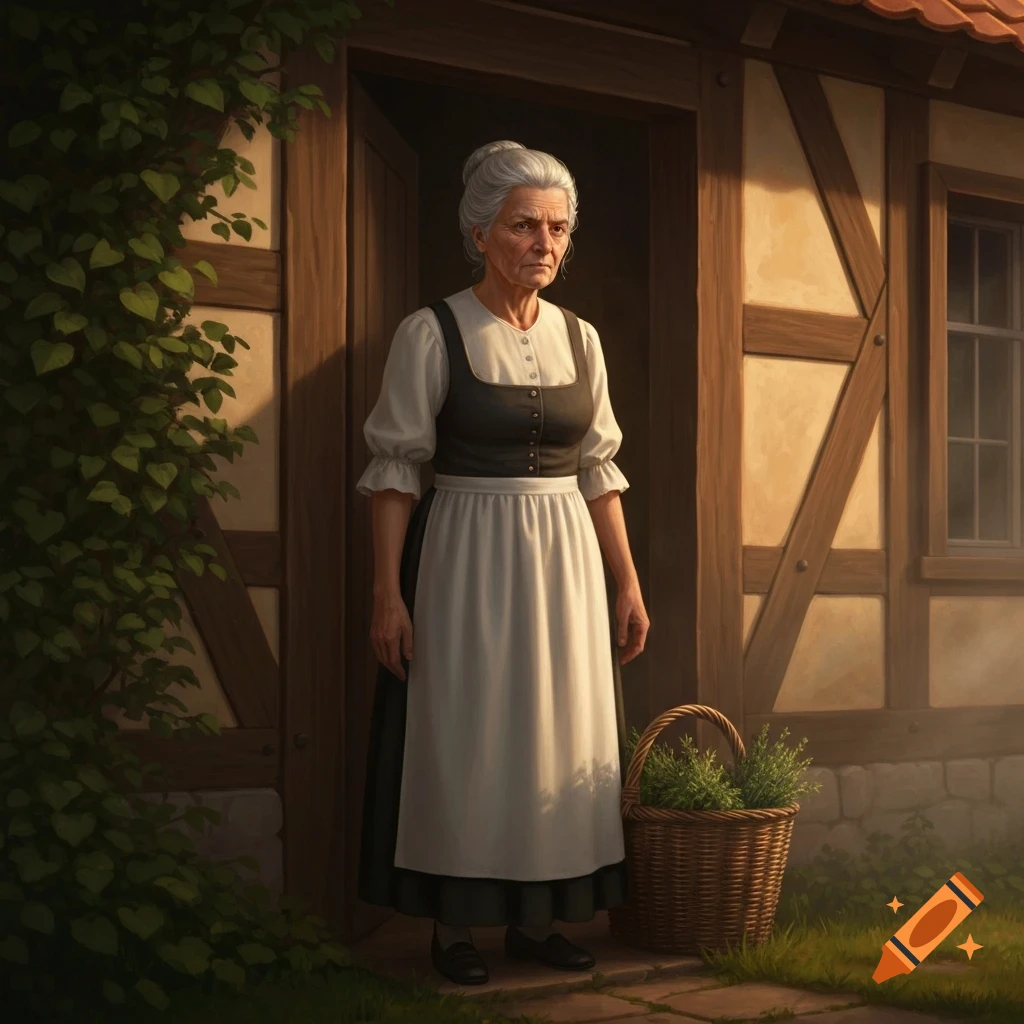 An older woman in a white blouse and dark apron stands in the doorway of a rustic timber-frame house with ivy, a basket beside her.