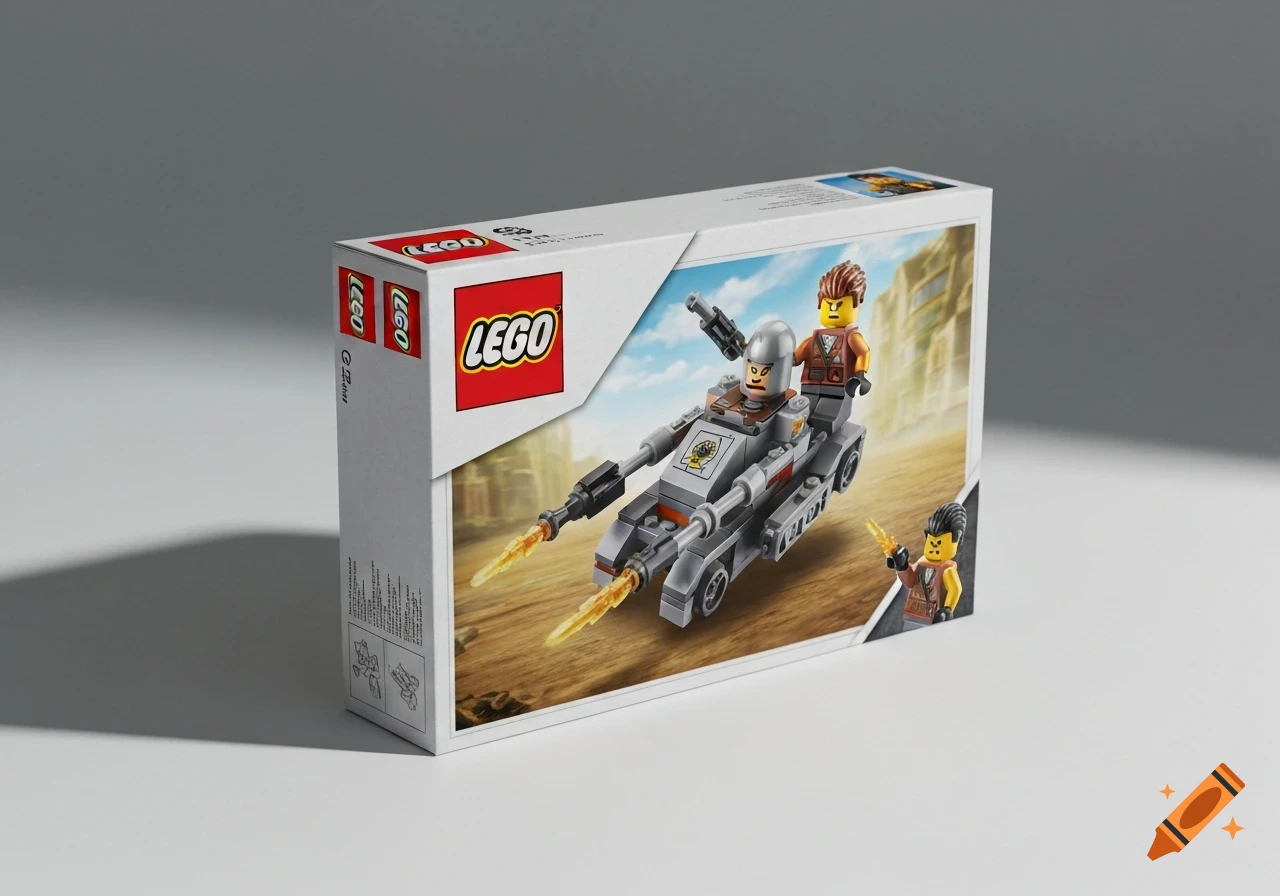 A white Lego box features a grey tank with two minifigures, one driving, one riding, in a desert scene.