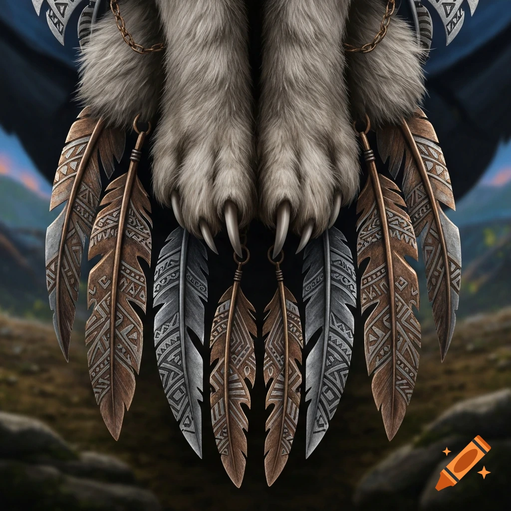 A detailed wolf paw with sharp claws, adorned with hanging brown and silver metal feathers etched with tribal patterns, against a blurred landscape.