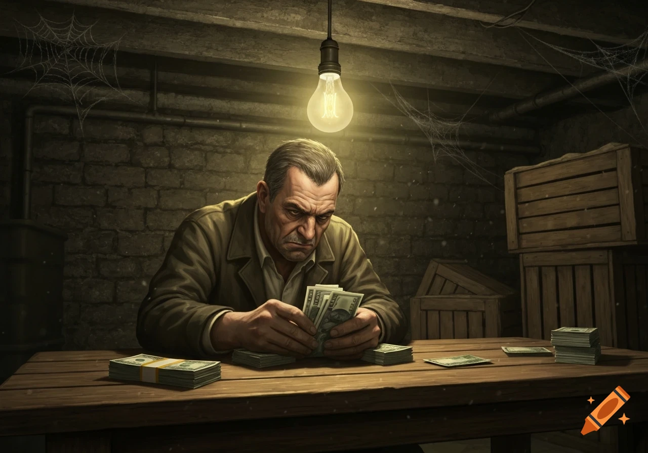 A gritty illustration of a man counting money at a wooden table in a dimly lit, dusty basement.
