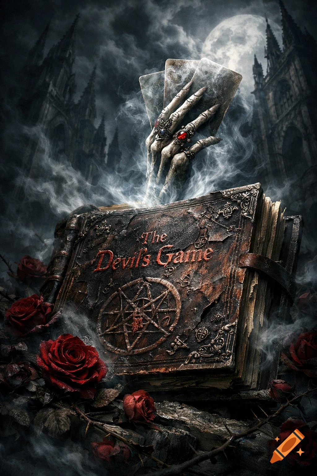 A skeletal hand emerges from an old, ornate book titled "The Devil's Game," holding three cards amidst smoke and red roses under a full moon with gothic architecture in the background.