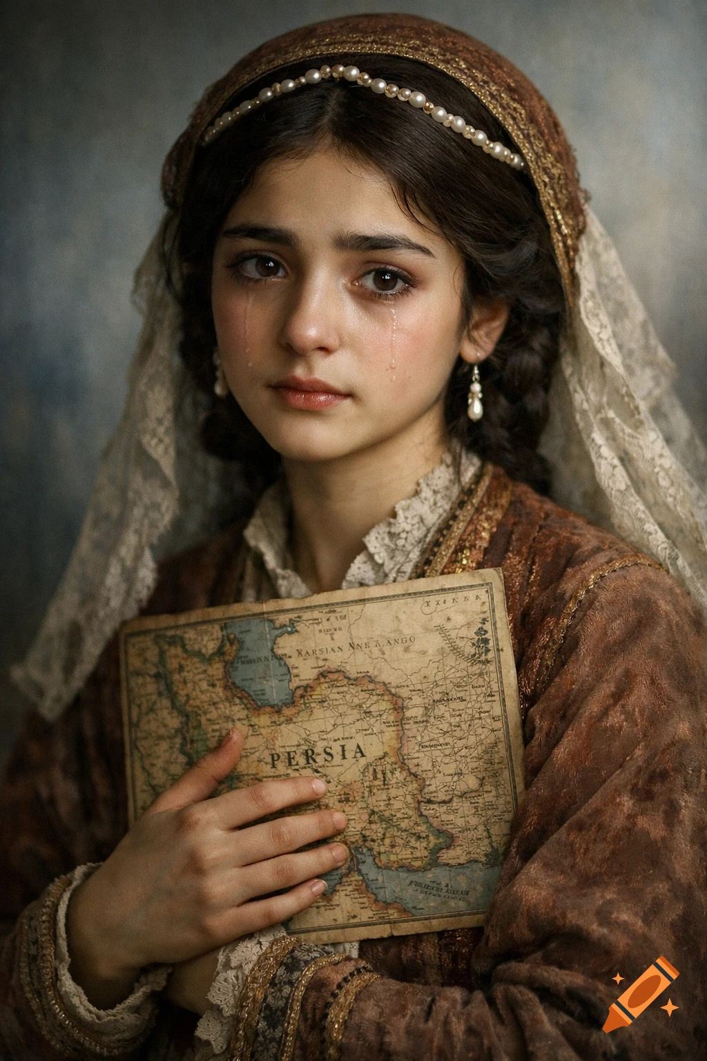 A photorealistic portrait of a sad teenage girl in traditional Qajar-era clothing, crying while gently holding a map of Persia.