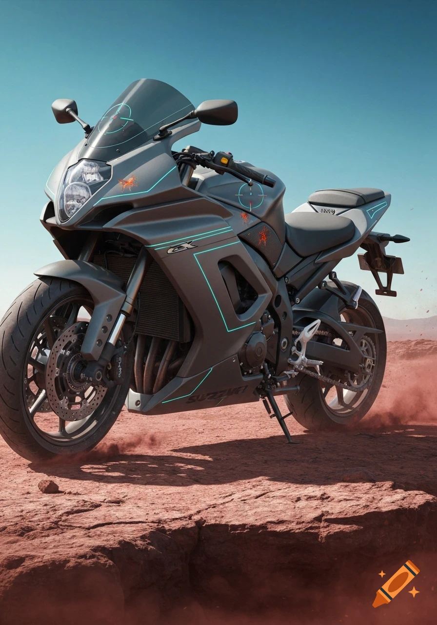 A dark grey Suzuki GSX-series sportbike with glowing cyan lines and red target graphics, parked on a reddish, rocky desert landscape under a clear blue sky. Dirt is kicked up around the rear wheel.