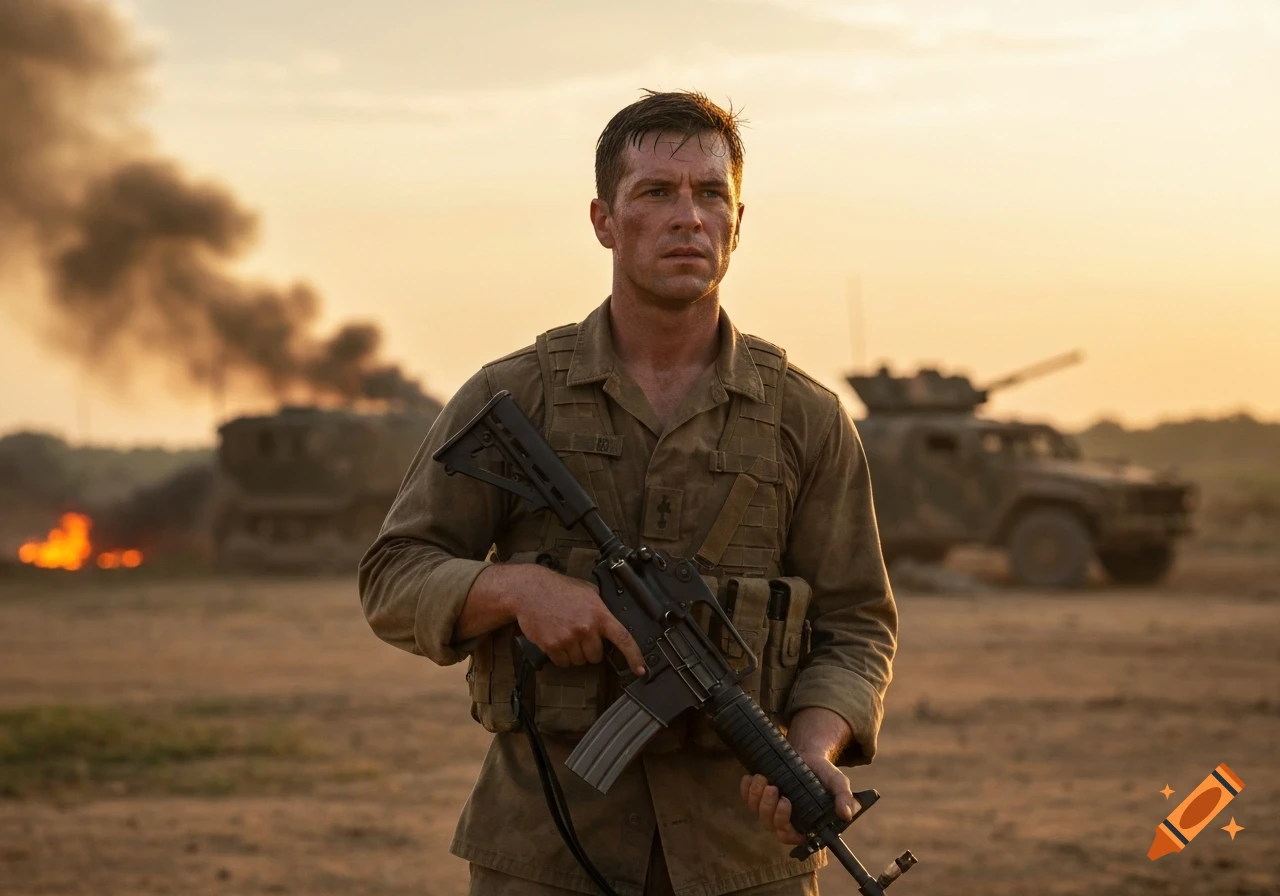 A determined soldier holding a rifle stands in a dusty field at sunset, with explosions and military vehicles in the background.
