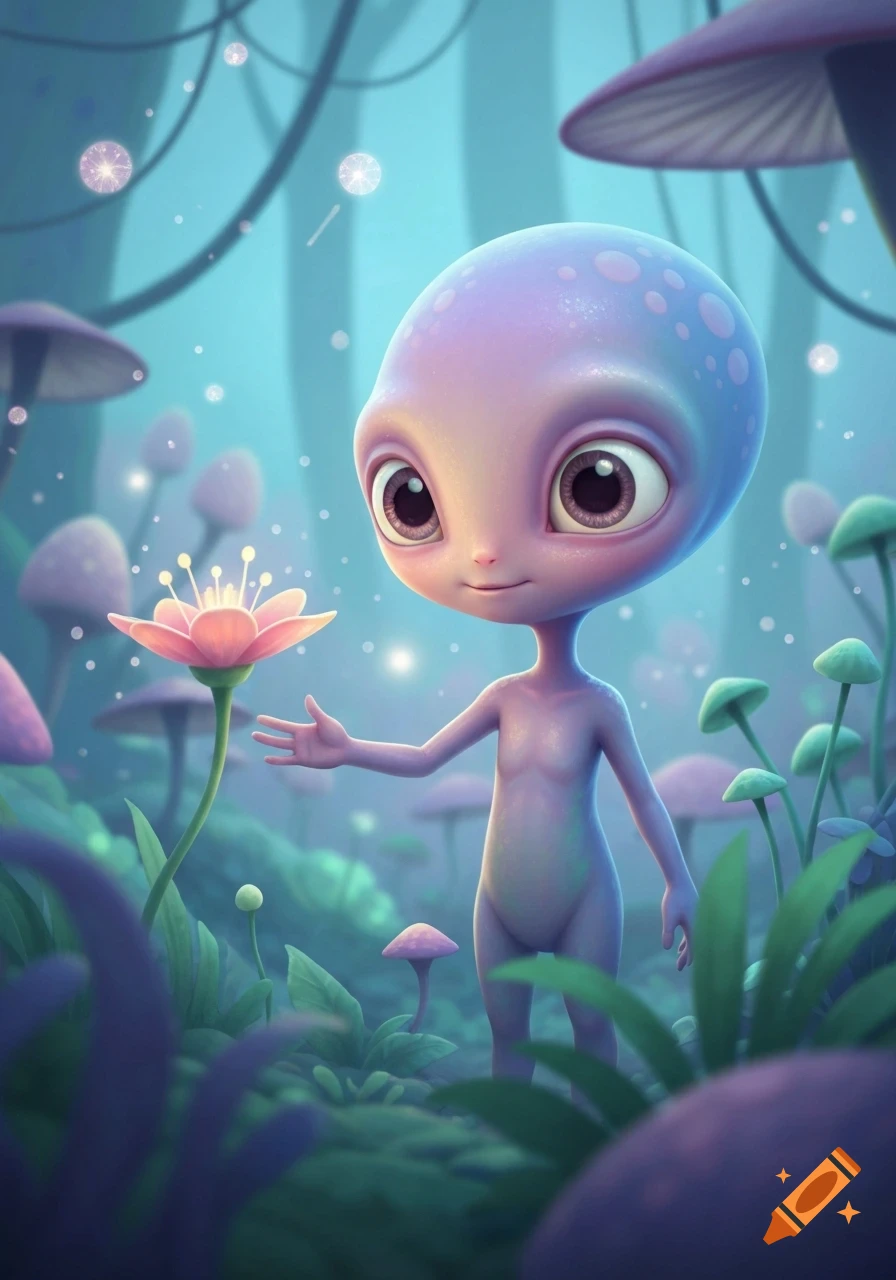 A cute, cartoonish purple alien with large eyes stands in a magical forest of glowing mushrooms and plants, reaching out to a radiant pink flower.