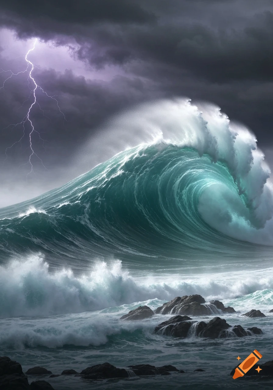 A massive, photorealistic teal wave crashes under a dark, stormy sky with lightning.