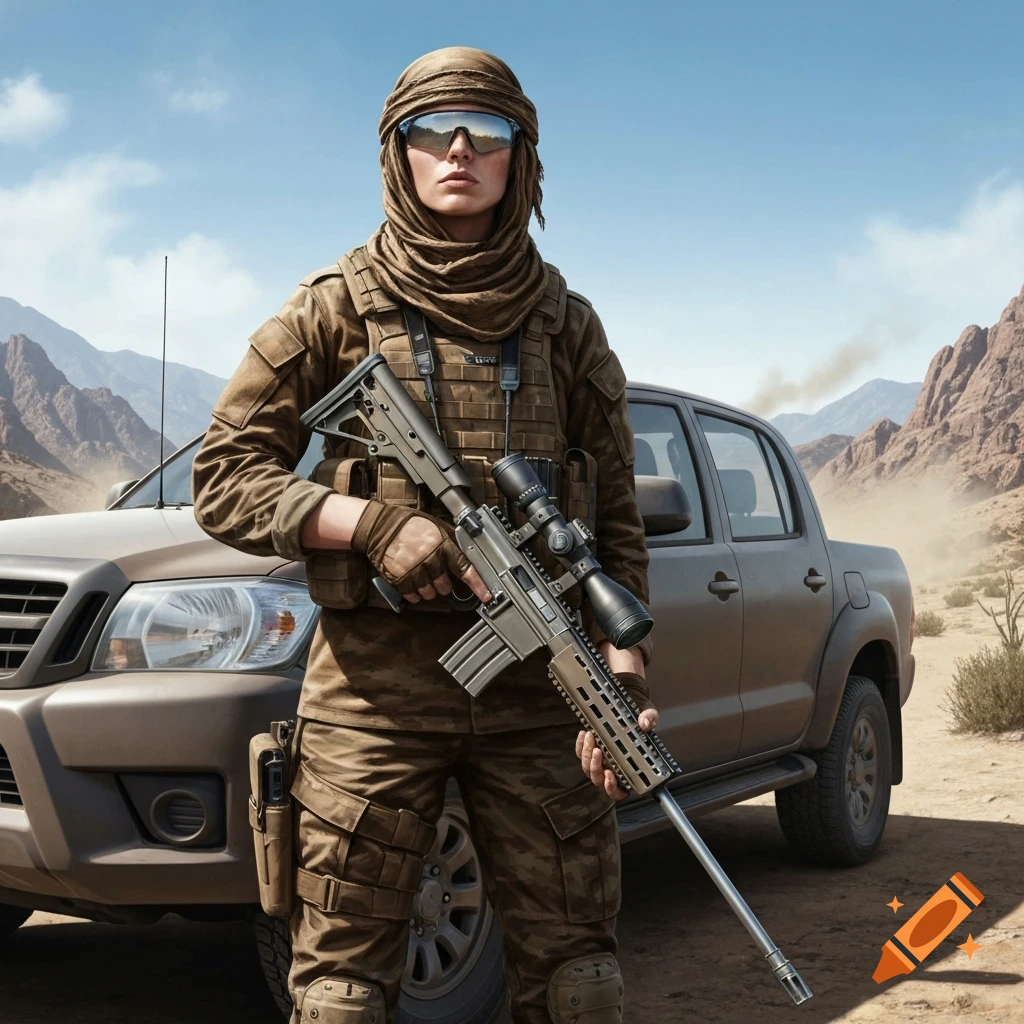 A woman in a brown military uniform, arab headscarf, and sunglasses holds a sniper rifle while standing next to a pickup truck in a sunny desert mountain landscape.