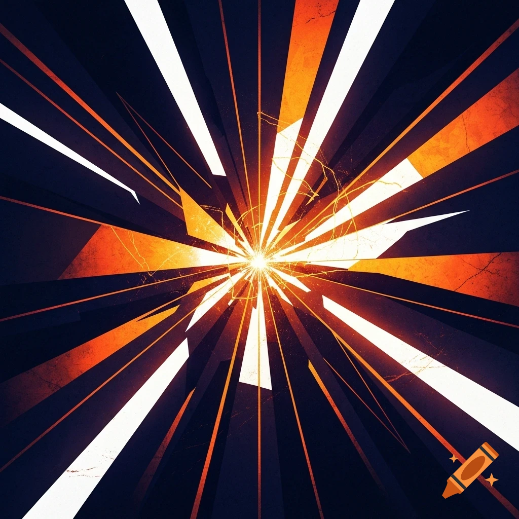 An abstract burst of bright light radiating orange and white rays from the center, against a dark, textured background.