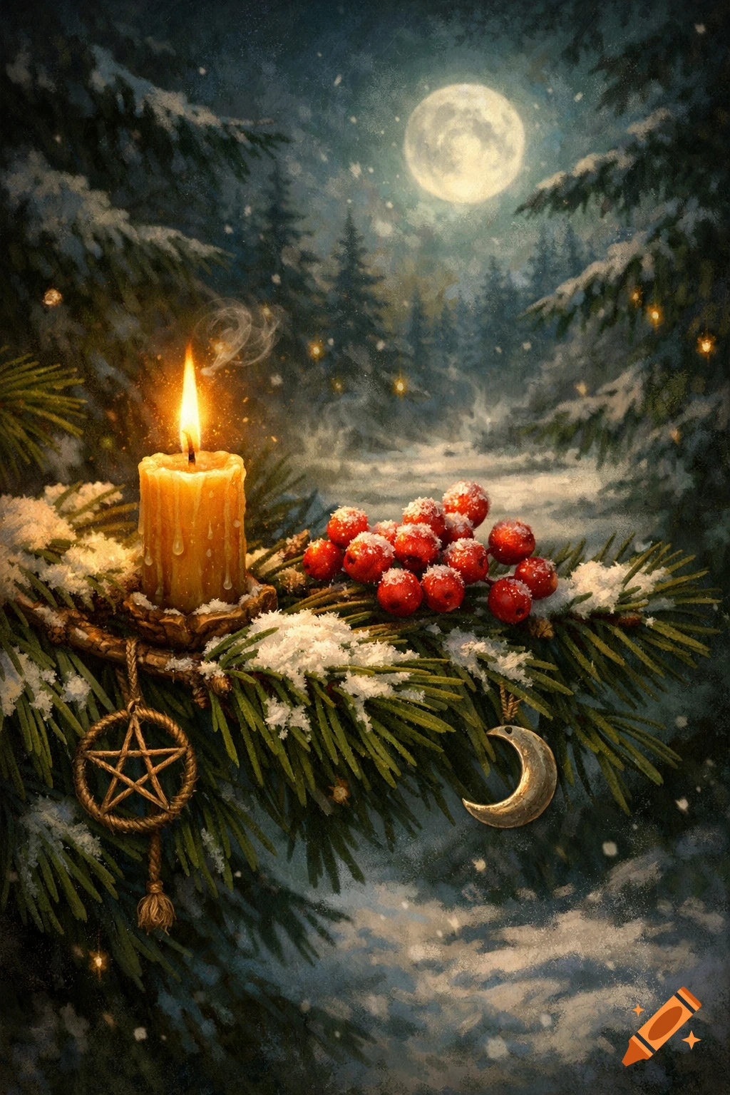 A painterly depiction of a snowy evergreen branch with a lit candle, red berries, a pentagram, and a crescent moon, set against a winter forest under a full moon.