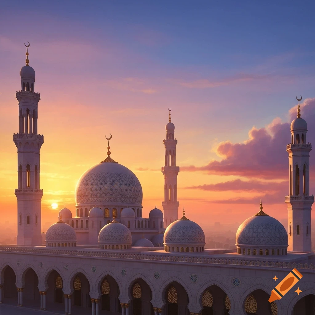A grand mosque with multiple domes and minarets silhouetted against a vibrant sunset sky.