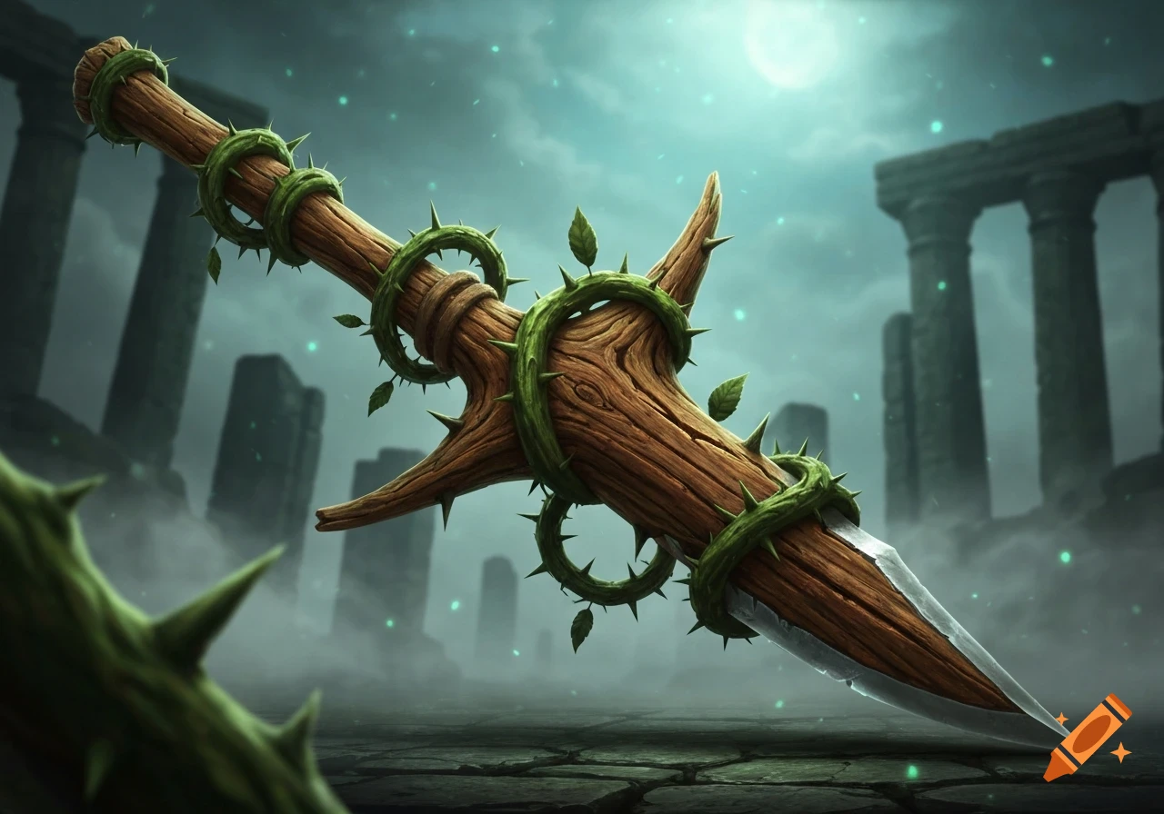 A fantasy wooden dagger with a metal blade, entwined with thorny green vines, against moonlit ruins in digital art.