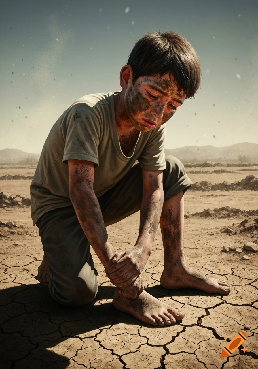 A dirty, shoeless boy kneels on cracked earth in a dry, desolate landscape, holding his ankle and looking sad.