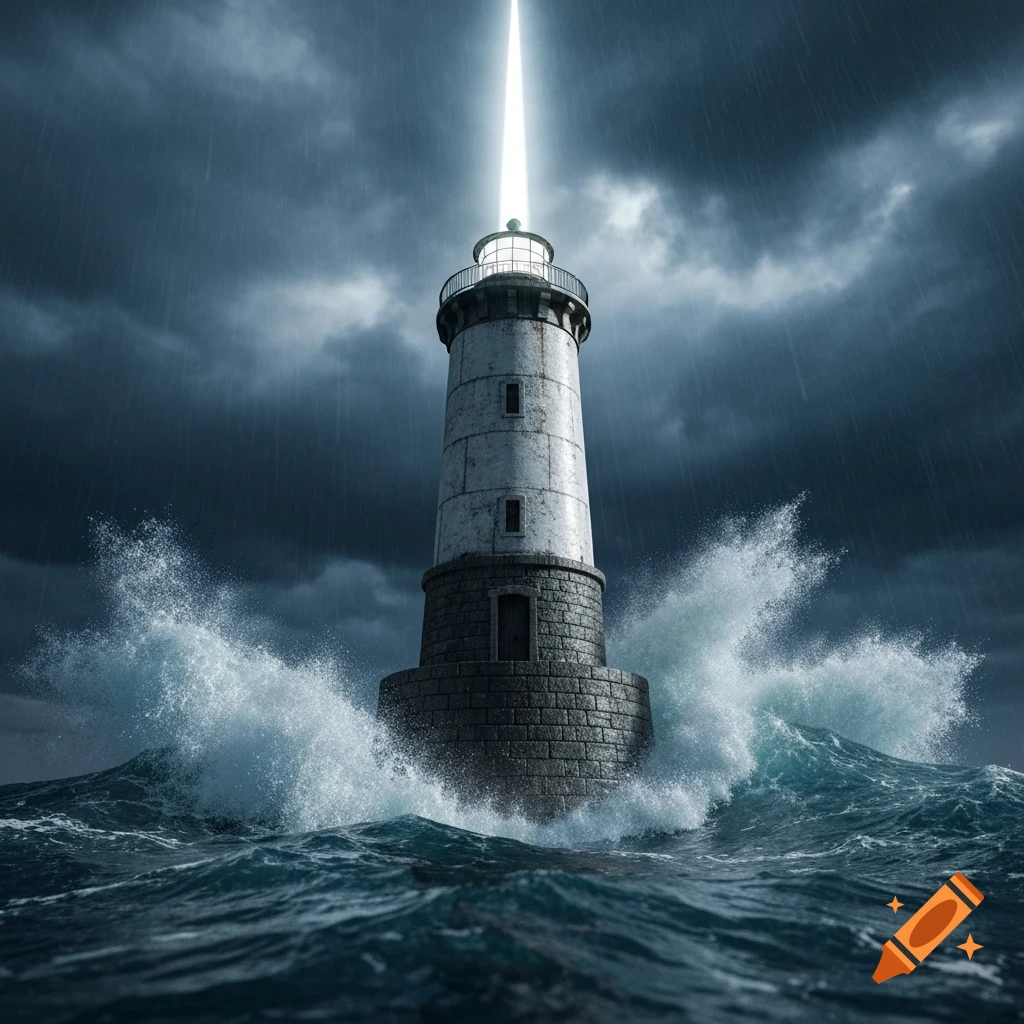 A photorealistic image of a lighthouse with a bright beam of light cutting through a dark, stormy sky and crashing waves.