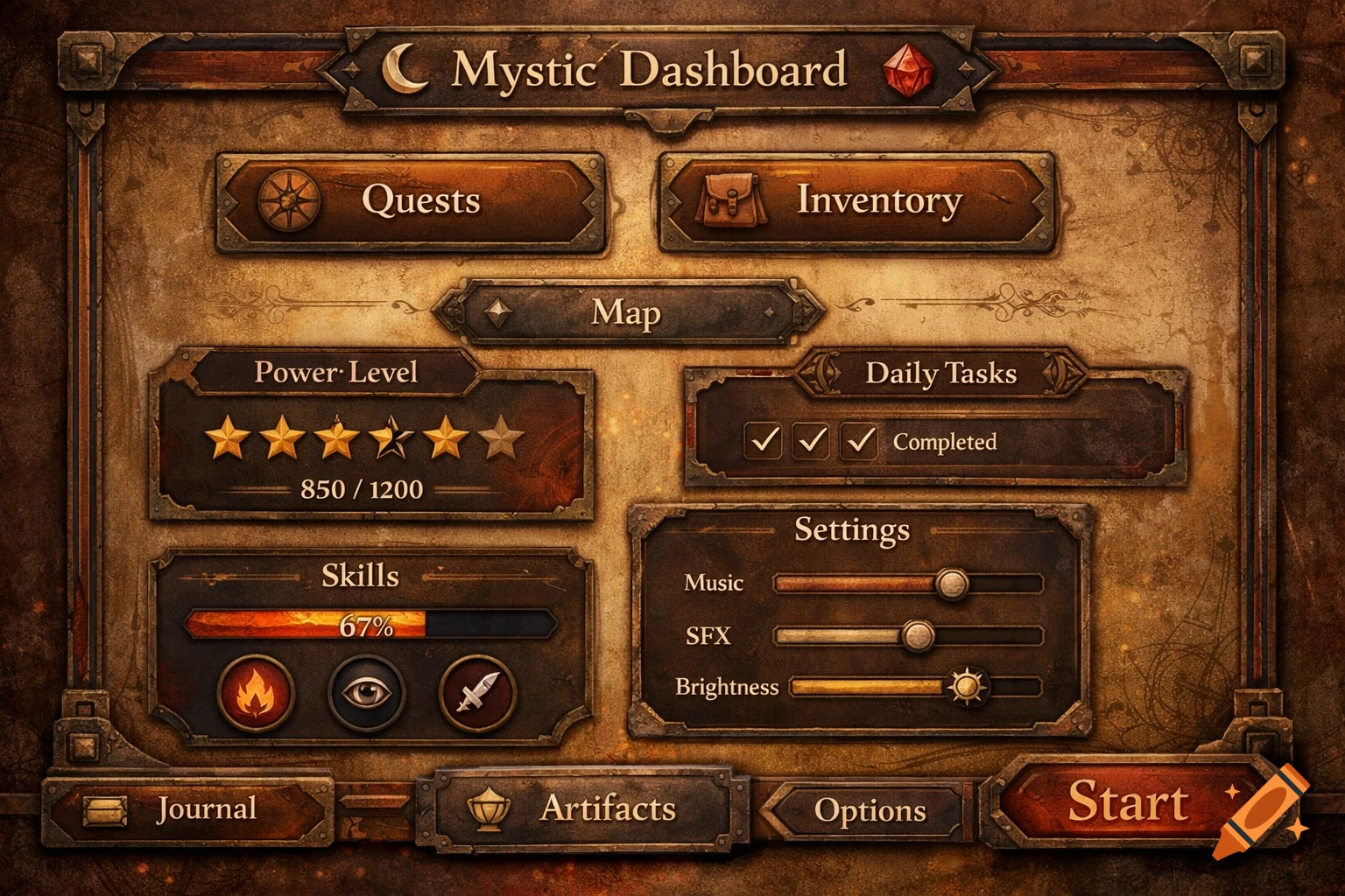 Ornate fantasy video game UI 'Mystic Dashboard' with quests, inventory, skills, and settings, in an aged, warm style.