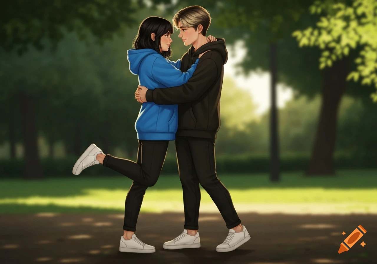 An anime-style illustration of a teenage boy and girl in hoodies embracing in a sunny park.