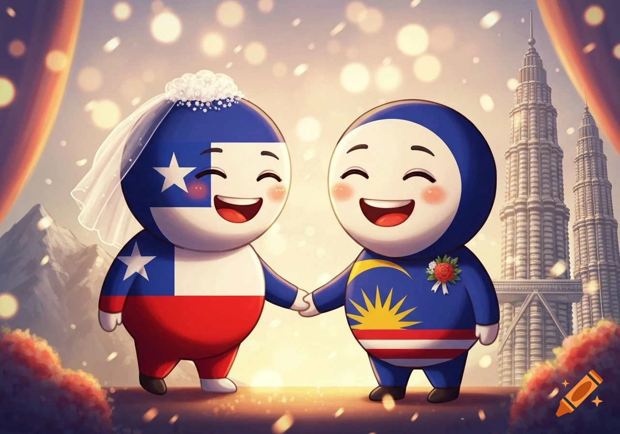 Cartoon countryball characters, Chile wearing a wedding veil and Malaysia with a boutonnière, hold hands at a sunny wedding.