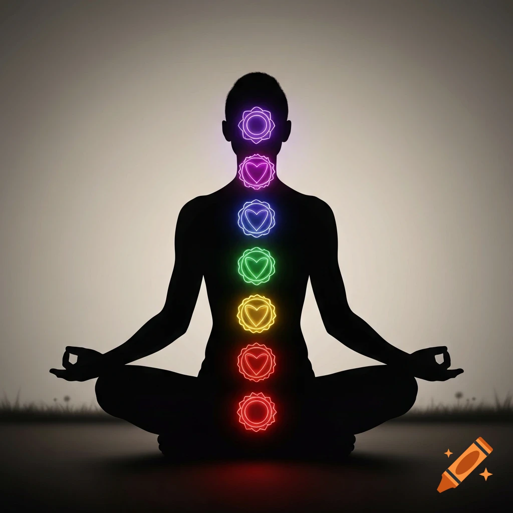 Silhouette of a person meditating in lotus position with glowing, colorful chakra symbols on their body against a neutral background.